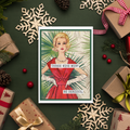 Card with a woman in a red dress surrounded by Christmas decorations on a green background