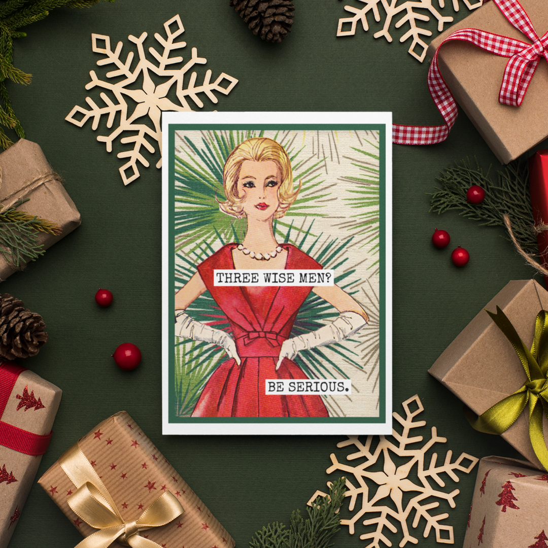 Card with a woman in a red dress surrounded by Christmas decorations on a green background