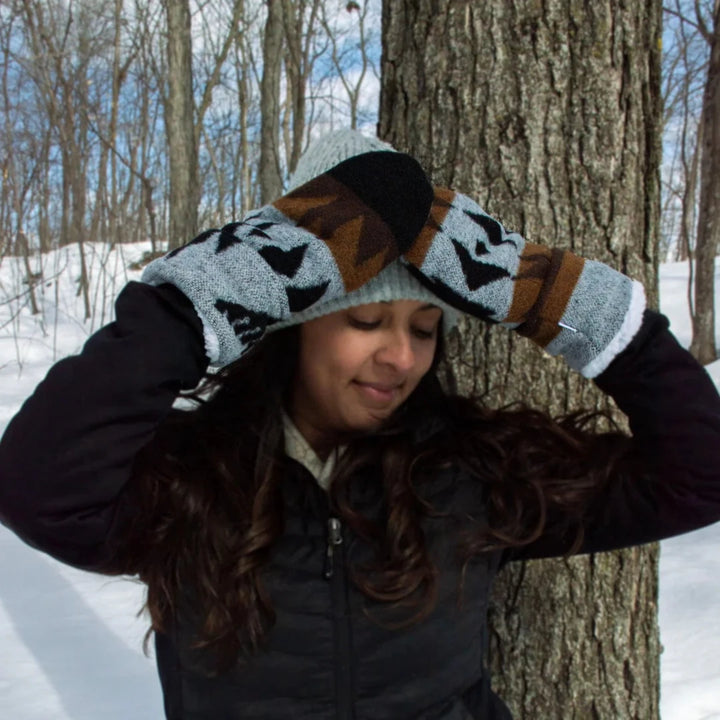 Thunderbird Mittens, indigenous designed with a black, grey and brown pattern. The mittens have an outer layer of wool and inner layer of sherpa.