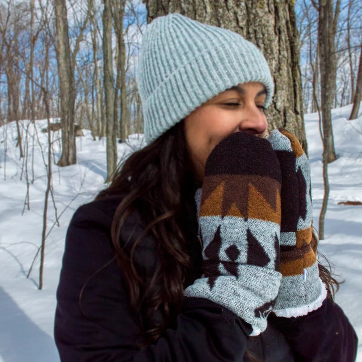 Thunderbird Mittens, indigenous designed with a black, grey and brown pattern. The mittens have an outer layer of wool and inner layer of sherpa.