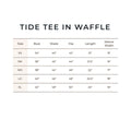 A size chart for the 'TIDE TEE IN WAFFLE' showing measurements in inches for sizes XS through XL, including bust, waist, hip, length, and sleeve width.