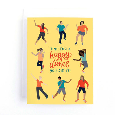 A card with a yellow background featuring seven people of different ages and races dancing. The text 