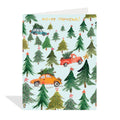 Christmas card with trees and cars on a light blue background