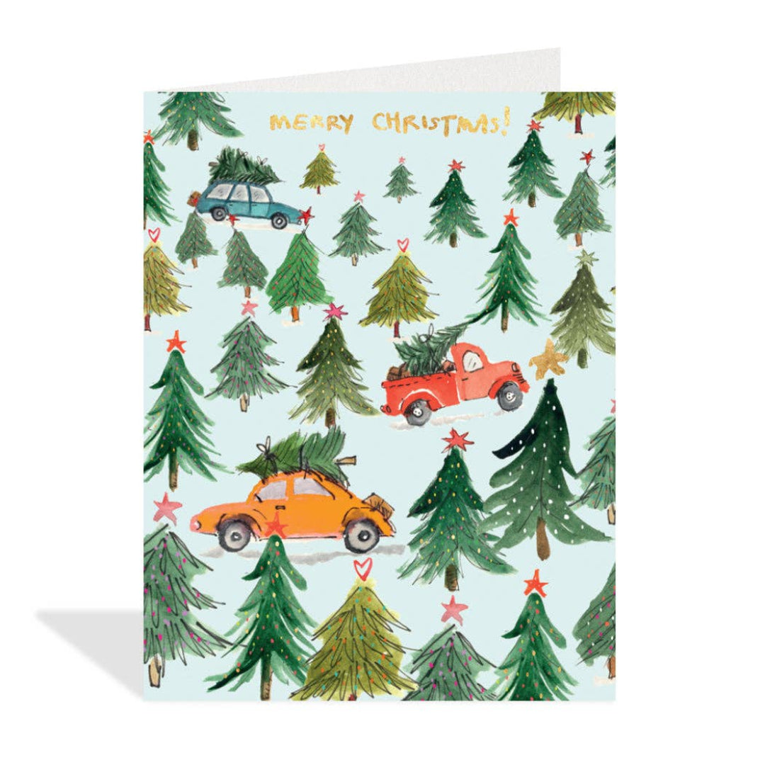 Christmas card with trees and cars on a light blue background