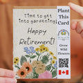 Greeting card with floral design and text 'Happy Retirement! Time to get into gardening!' held by a person.