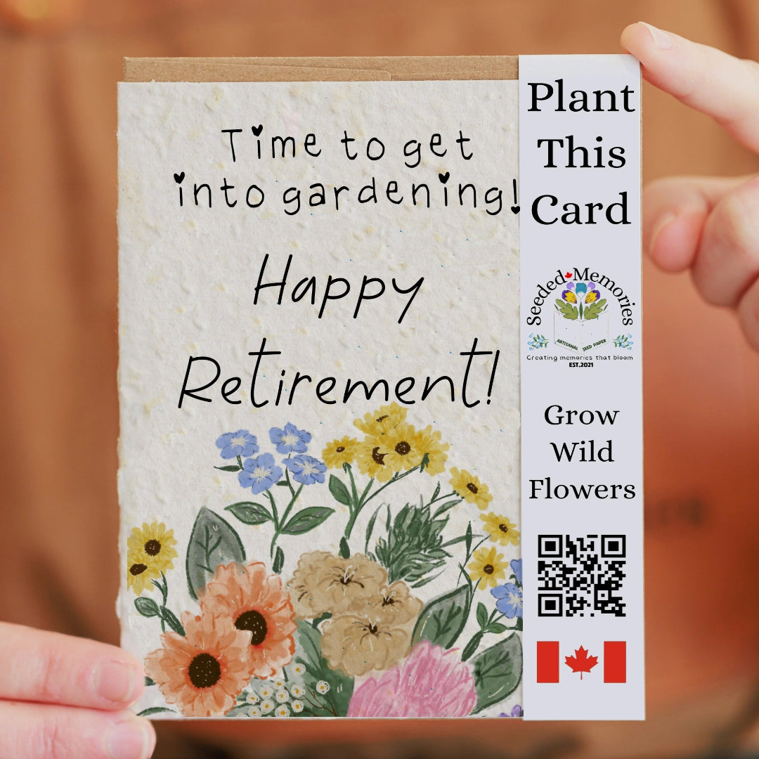 Greeting card with floral design and text 'Happy Retirement! Time to get into gardening!' held by a person.