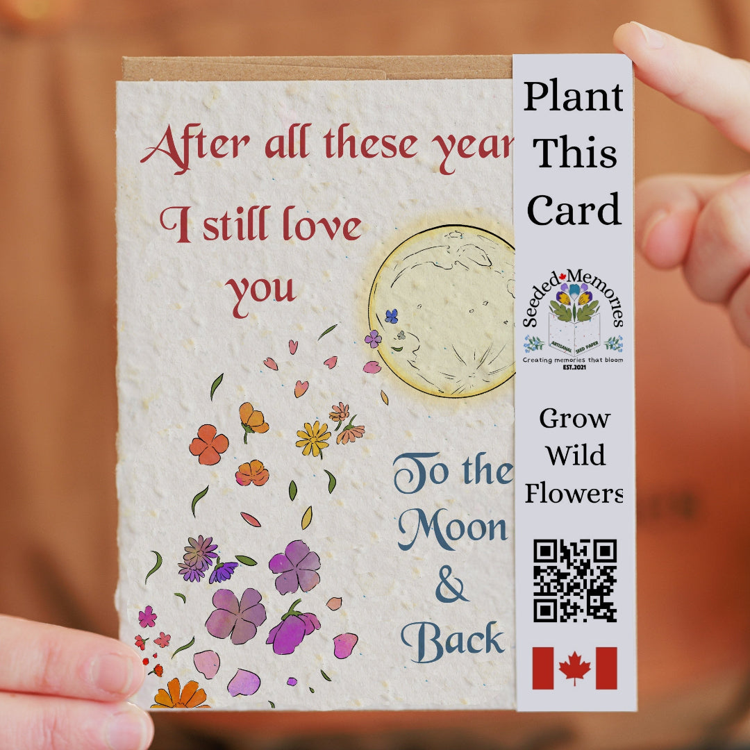 Seeded card with floral design and text, held by a person against a blurred background