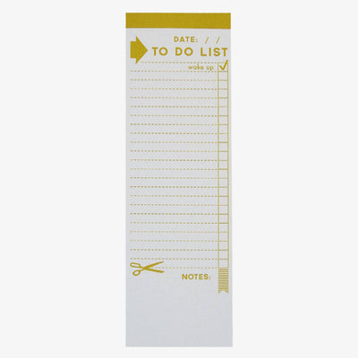 A tall, yellow and white notepad with a 