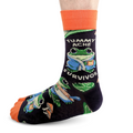 Sock with frog design and text 'Tummy Ache Survivor' on a white background