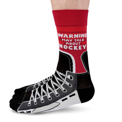 Sock with hockey-themed design and text on a white background