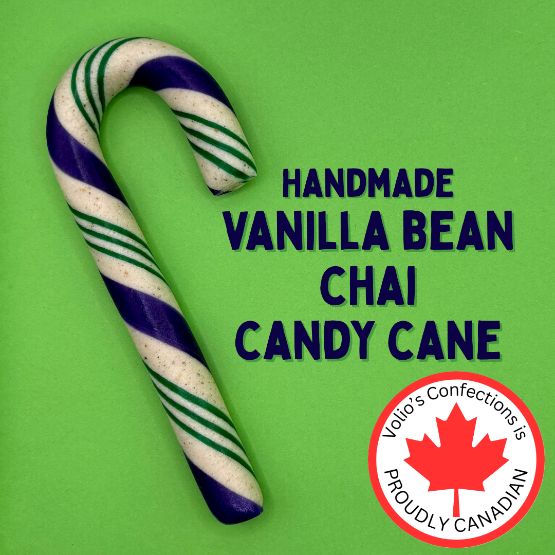 Handmade vanilla bean chai candy cane with text on a green background