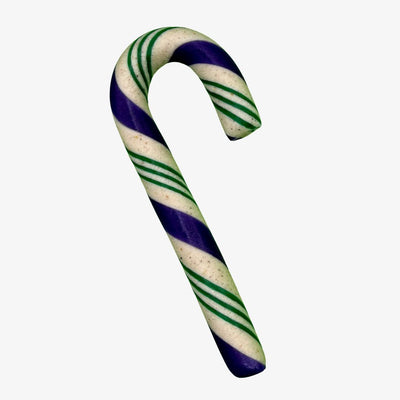 Candy cane with green and purple stripes on a white background