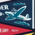 A vintage-style art print featuring a collection of colorful pennants representing various Canadian provinces, cities (including Ottawa, Montreal, Calgary), and landmarks (Banff, Green Gables, Algonquin Park). This nostalgic Canadian souvenir art is relevant to those in Ottawa, Ontario, Canada.
