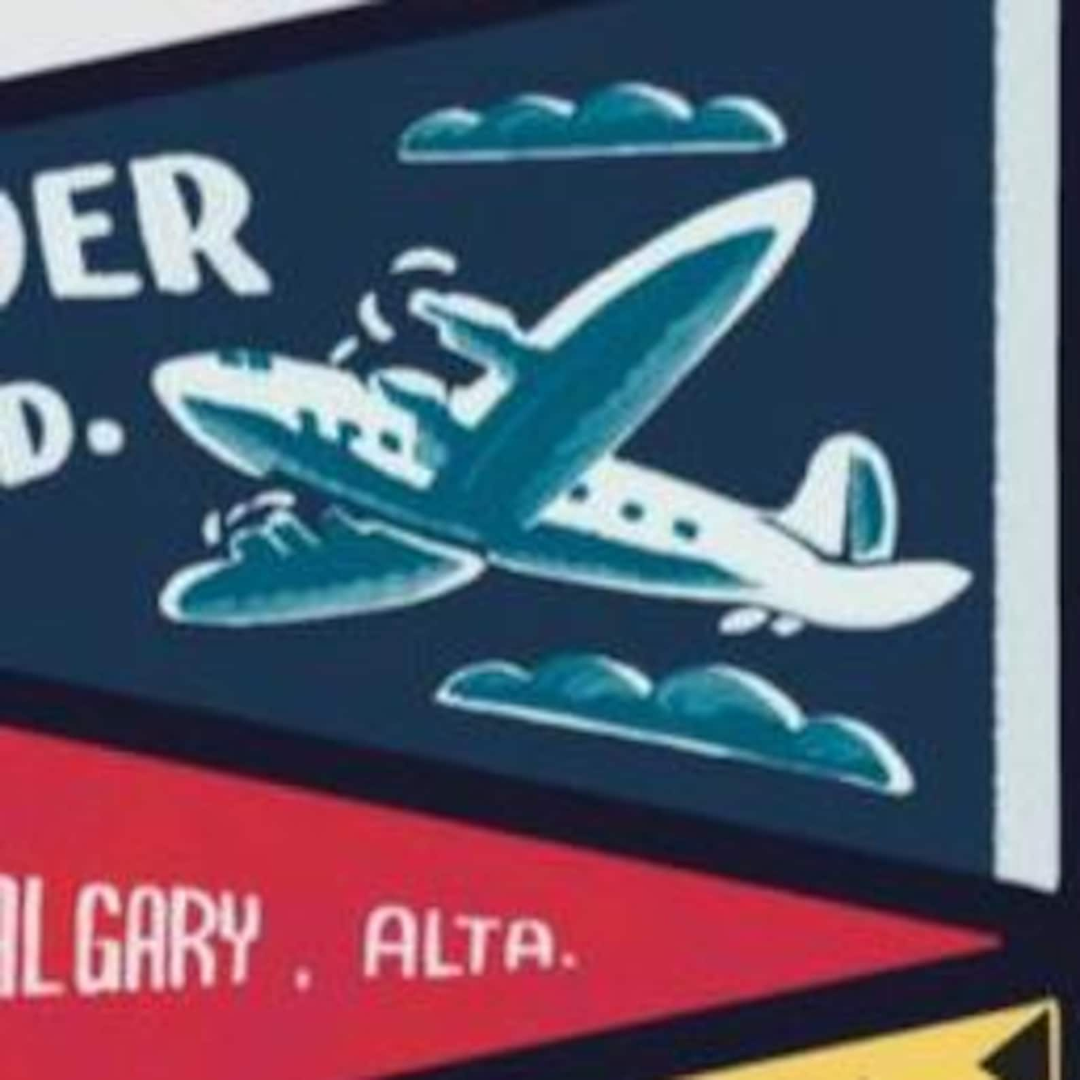 A vintage-style art print featuring a collection of colorful pennants representing various Canadian provinces, cities (including Ottawa, Montreal, Calgary), and landmarks (Banff, Green Gables, Algonquin Park). This nostalgic Canadian souvenir art is relevant to those in Ottawa, Ontario, Canada.