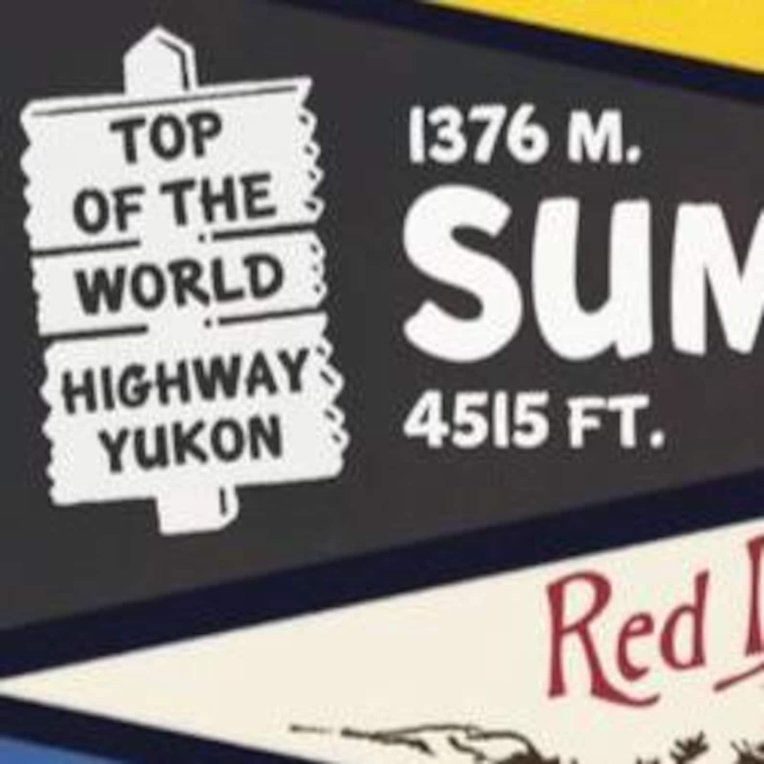 A vintage-style art print featuring a collection of colorful pennants representing various Canadian provinces, cities (including Ottawa, Montreal, Calgary), and landmarks (Banff, Green Gables, Algonquin Park). This nostalgic Canadian souvenir art is relevant to those in Ottawa, Ontario, Canada.