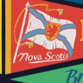 A vintage-style art print featuring a collection of colorful pennants representing various Canadian provinces, cities (including Ottawa, Montreal, Calgary), and landmarks (Banff, Green Gables, Algonquin Park). This nostalgic Canadian souvenir art is relevant to those in Ottawa, Ontario, Canada.