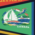 A vintage-style art print featuring a collection of colorful pennants representing various Canadian provinces, cities (including Ottawa, Montreal, Calgary), and landmarks (Banff, Green Gables, Algonquin Park). This nostalgic Canadian souvenir art is relevant to those in Ottawa, Ontario, Canada.
