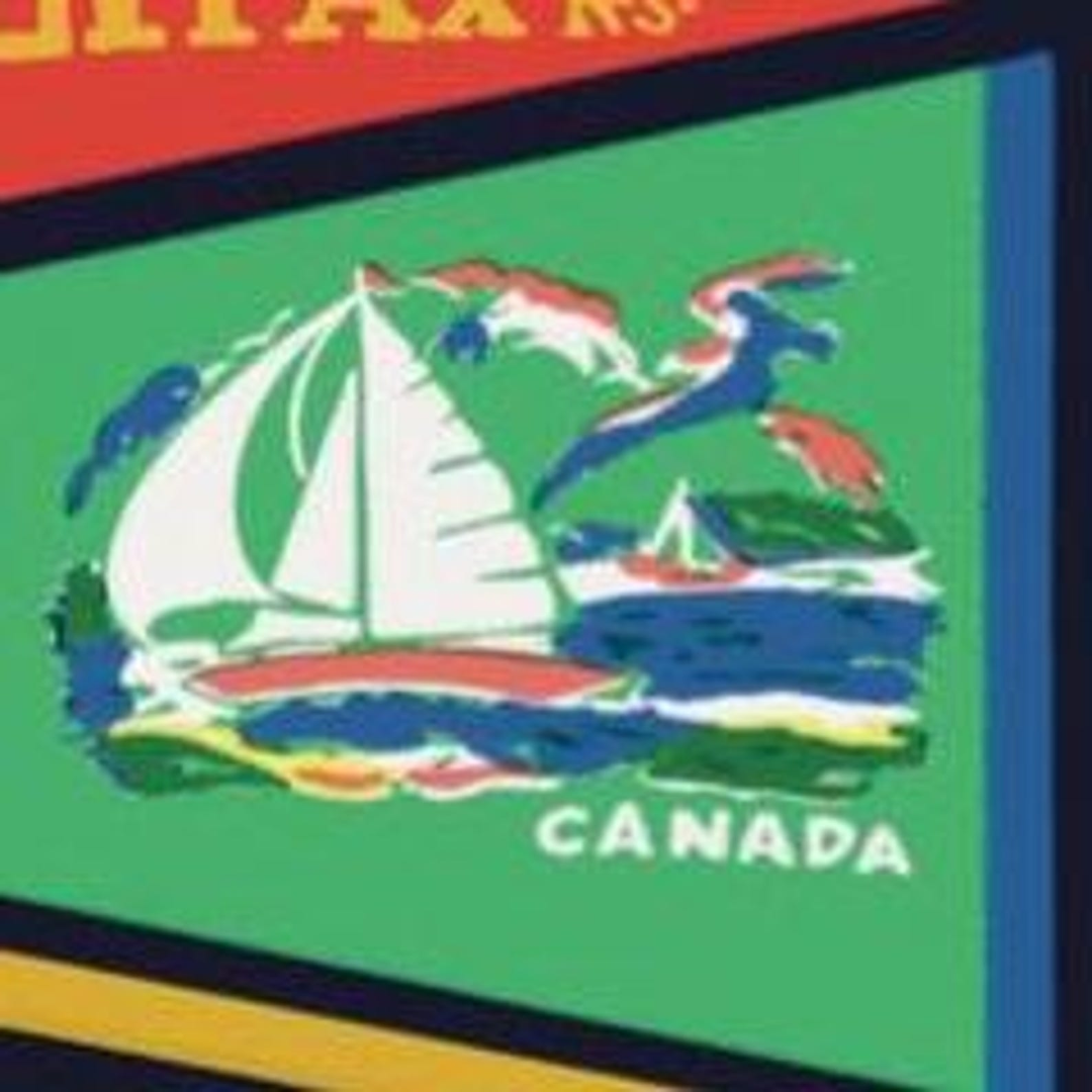A vintage-style art print featuring a collection of colorful pennants representing various Canadian provinces, cities (including Ottawa, Montreal, Calgary), and landmarks (Banff, Green Gables, Algonquin Park). This nostalgic Canadian souvenir art is relevant to those in Ottawa, Ontario, Canada.