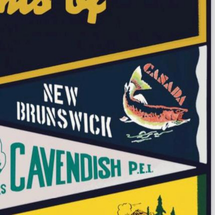 A vintage-style art print featuring a collection of colorful pennants representing various Canadian provinces, cities (including Ottawa, Montreal, Calgary), and landmarks (Banff, Green Gables, Algonquin Park). This nostalgic Canadian souvenir art is relevant to those in Ottawa, Ontario, Canada.