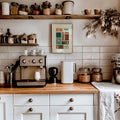 Kitchen counter with coffee machine, jars, and a mixer against a tiled wall.