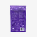 Purple packaging with text and symbols on a black background