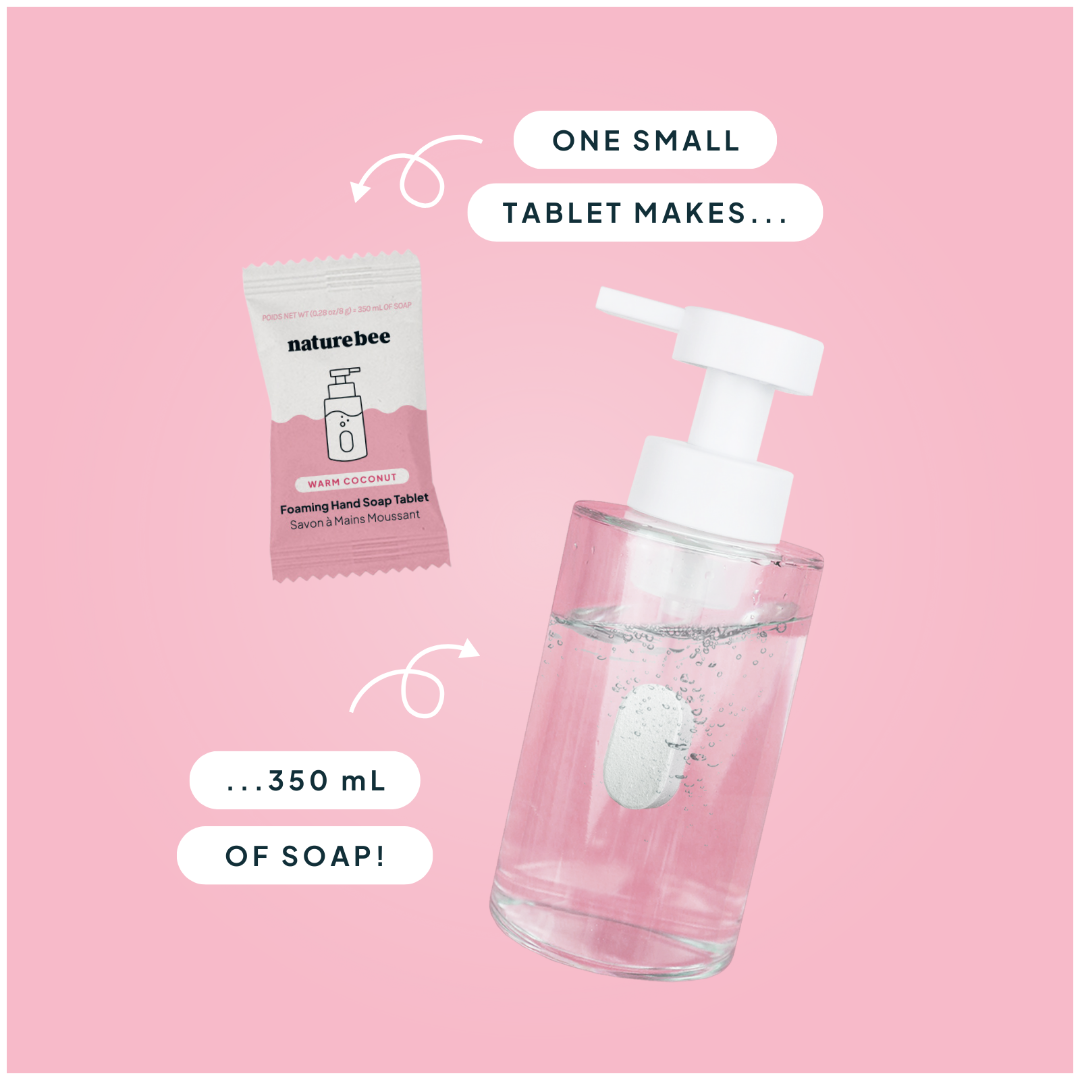 Hand soap dispenser with a small tablet packaging on a pink background