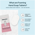Foaming hand soap tablets with packaging and benefits listed on a light blue background