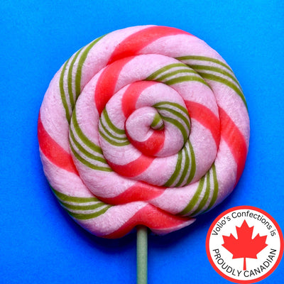 Colorful striped lollipop on a blue background with a 'Jolly's Confections' logo.