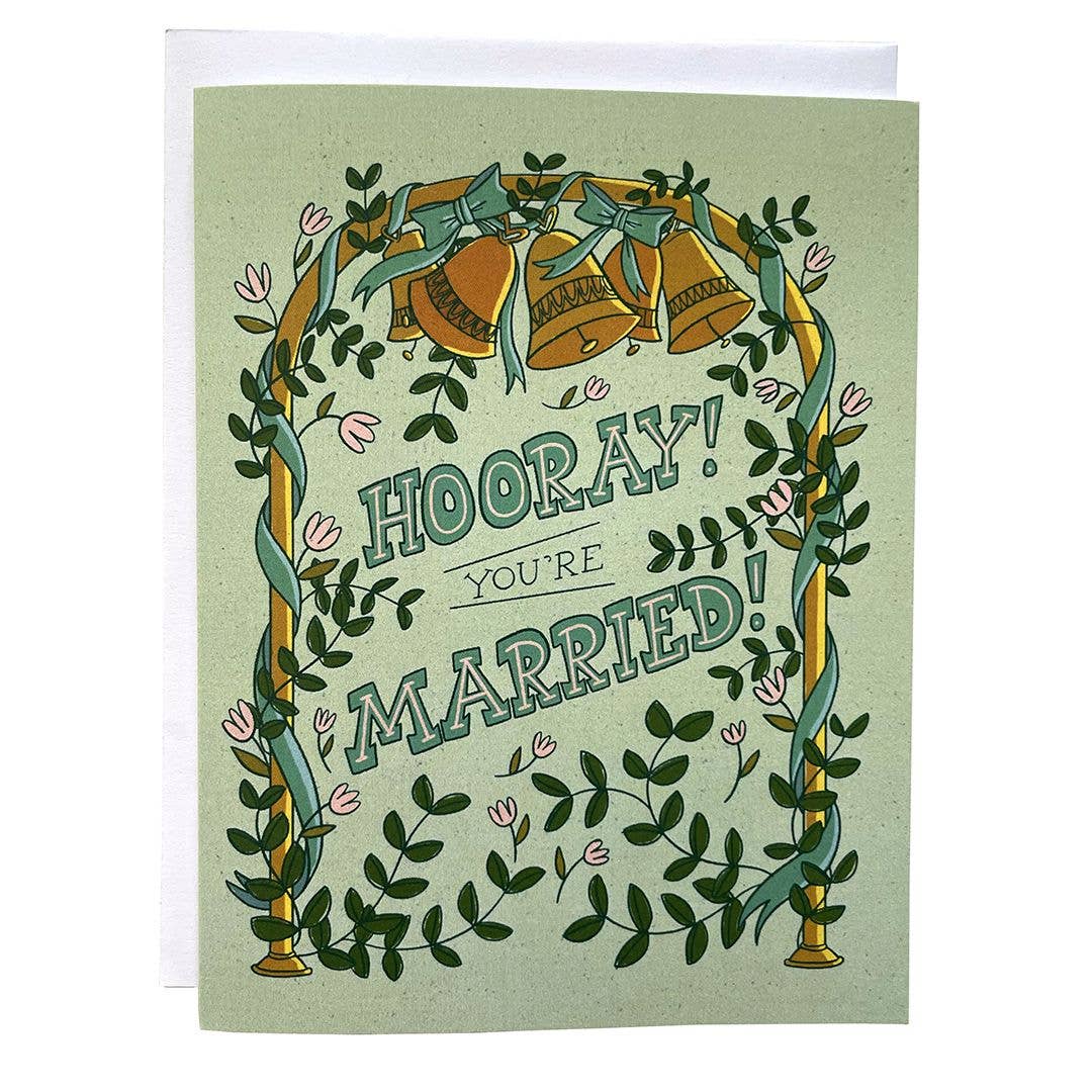 Wedding card with bells and 'Hooray! You're Married!' text on a light green background