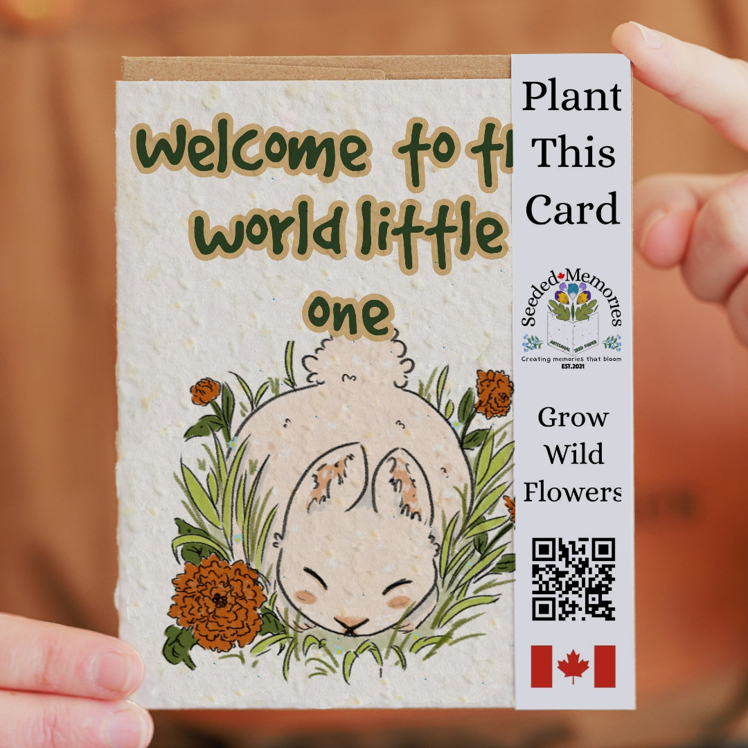 Plantable card with a baby animal illustration and QR code on a brown background