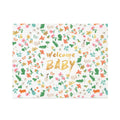 A square baby shower game board or card with a white background covered in a colorful floral and animal pattern, featuring the words 'Welcome BABY' in gold foil-style lettering in the center.