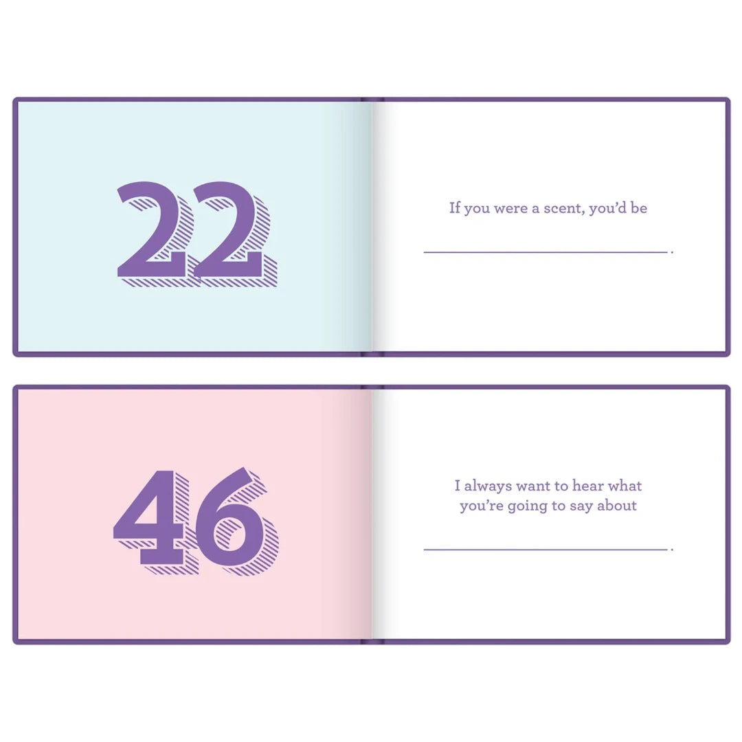 A purple book titled "What I Love About Mom" by Knock Knock. The book has a gold sticker on the front that says "YOU FILL IN THE LOVE." The cover also features the phrase "What I Love About Mom" in large, bold letters.