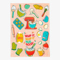 Colorful kitchen-themed towel with baking illustrations and text on a pink background