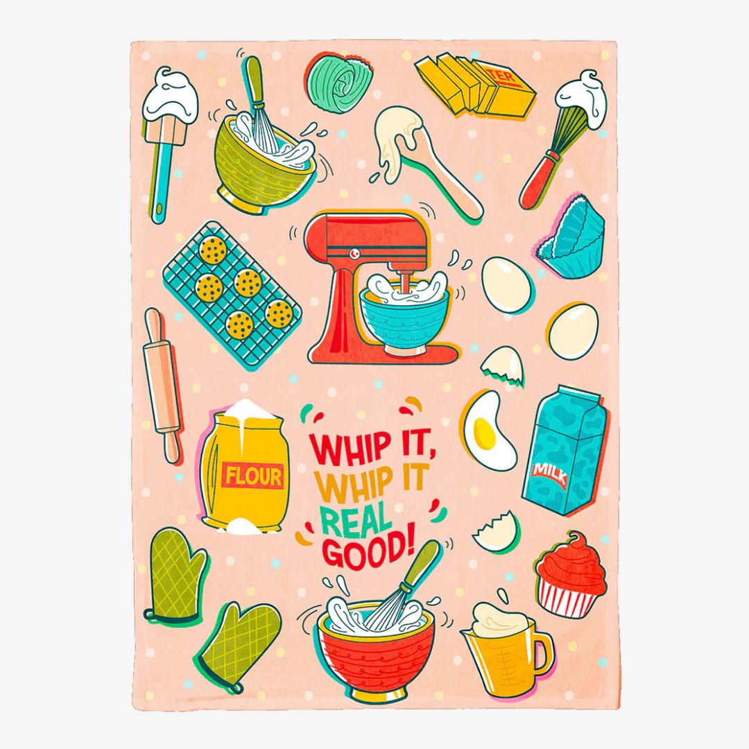 Colorful kitchen-themed towel with baking illustrations and text on a pink background