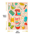 Colorful kitchen-themed towel with cooking utensils and measurements on a white background