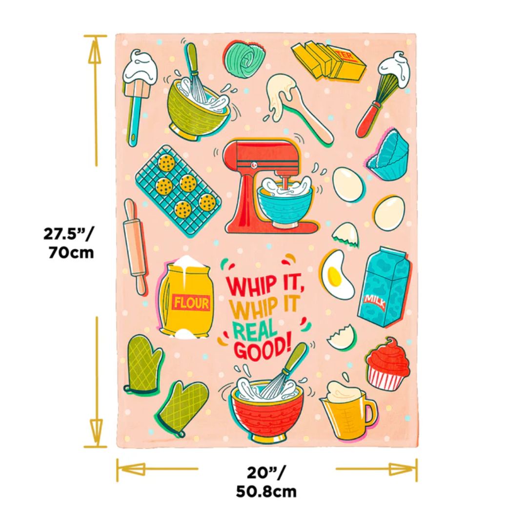 Colorful kitchen-themed towel with cooking utensils and measurements on a white background