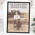 Vintage-style photo of a man sitting on a chair with a humorous quote about adulthood.