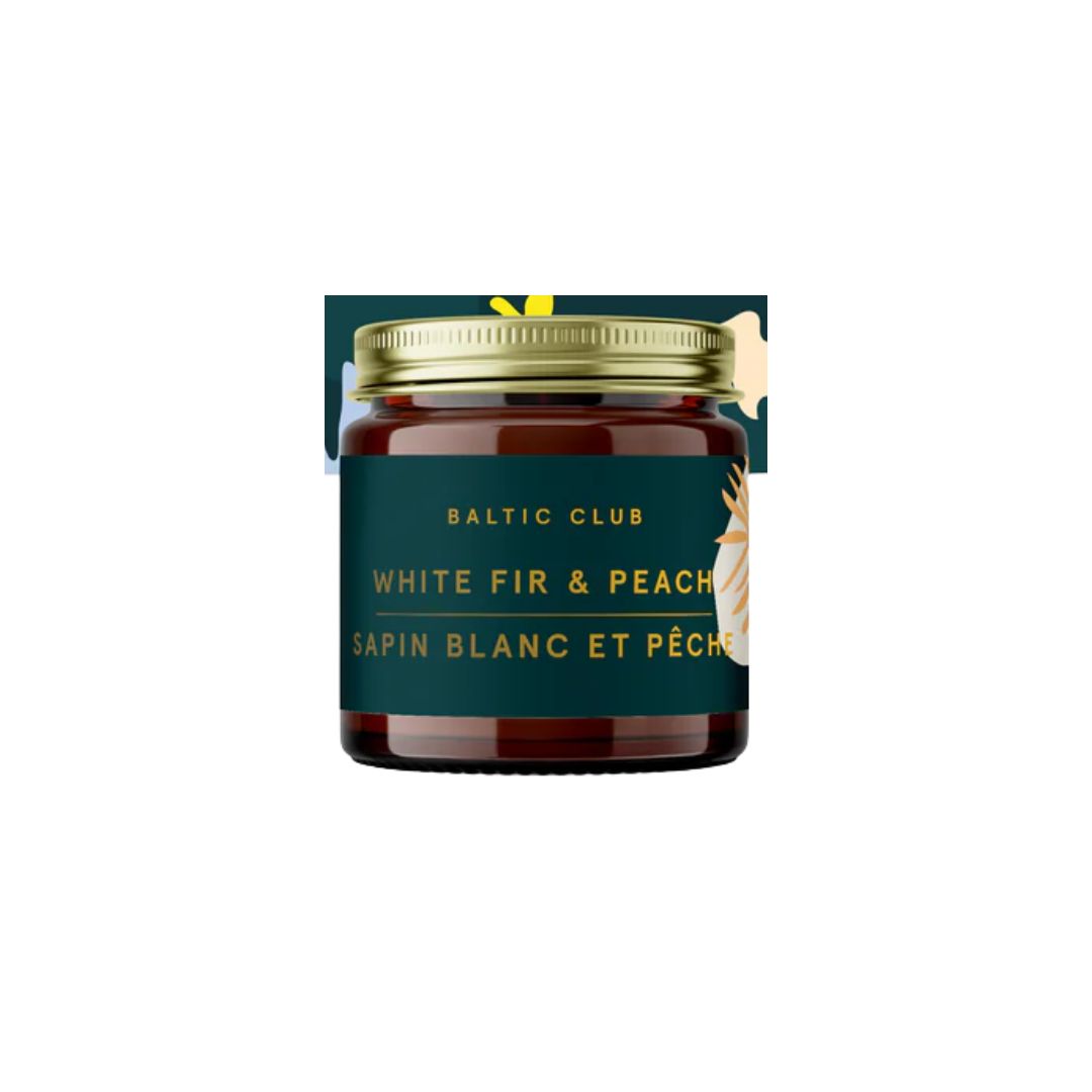 Jar of Baltic Club White Fir & Peach candle on a white background