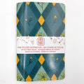 Pocket notebook with geometric pattern and branding on a white background