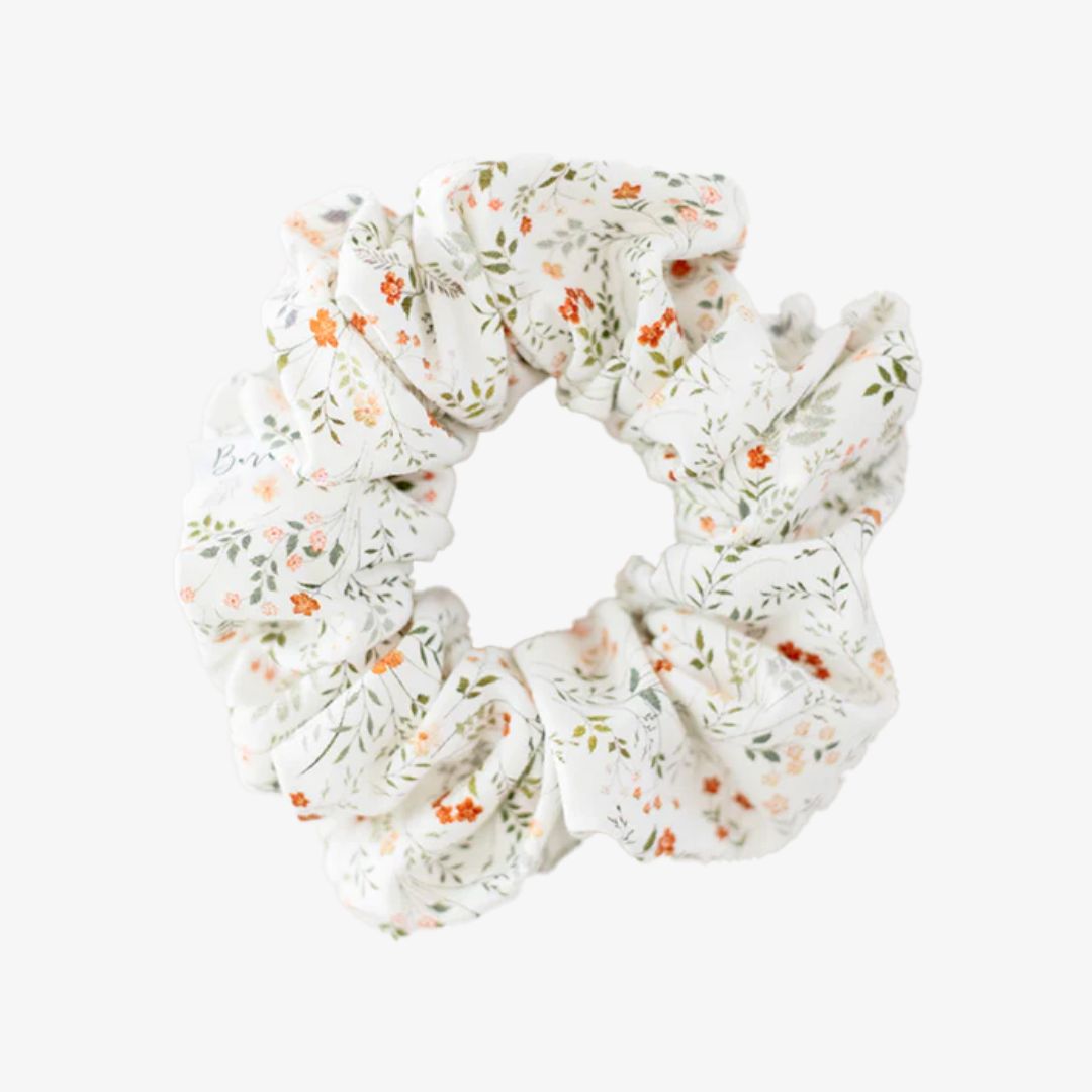 Floral patterned scrunchie on a white background