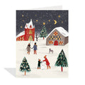 Christmas card with a snowy village scene, people, and trees.