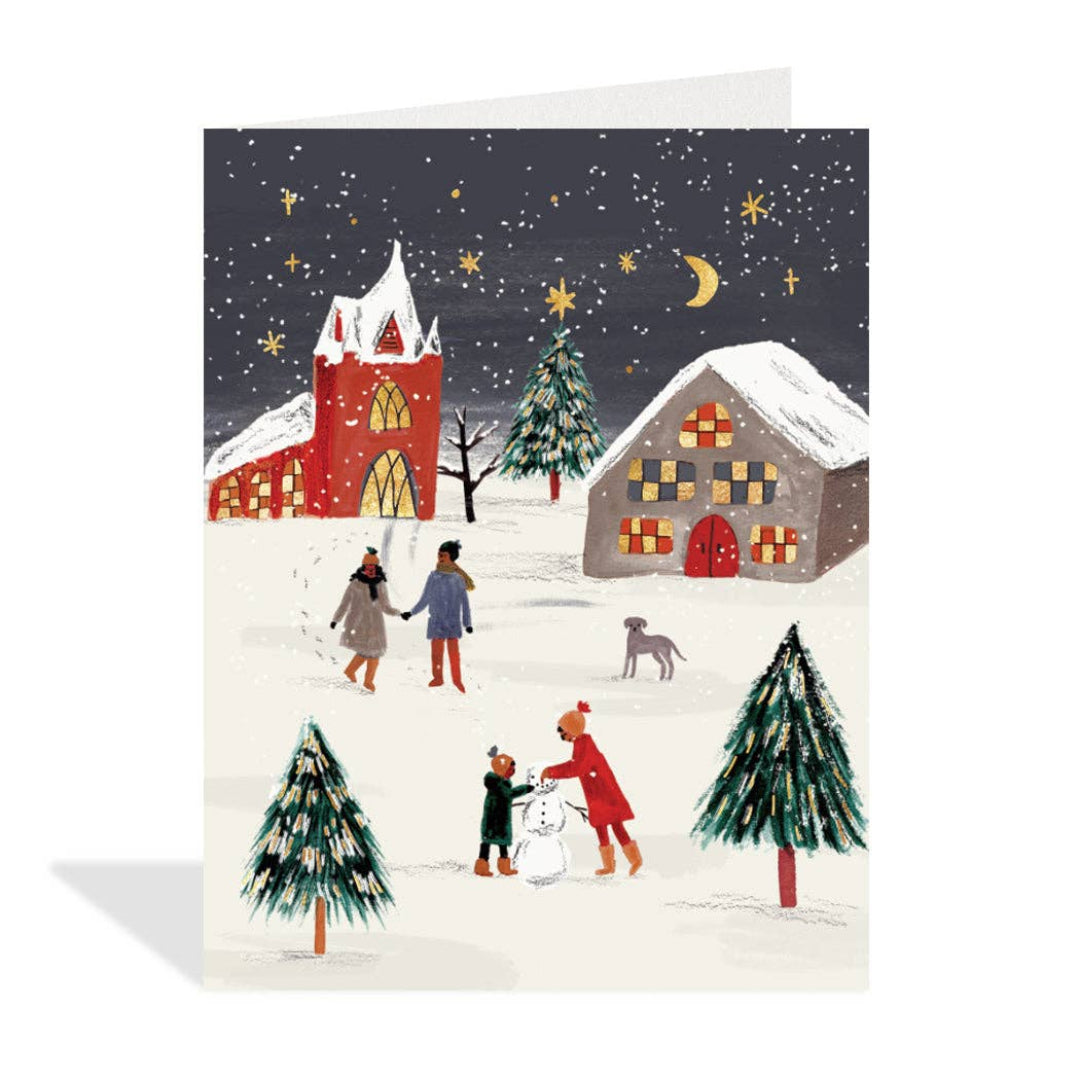 Christmas card with a snowy village scene, people, and trees.