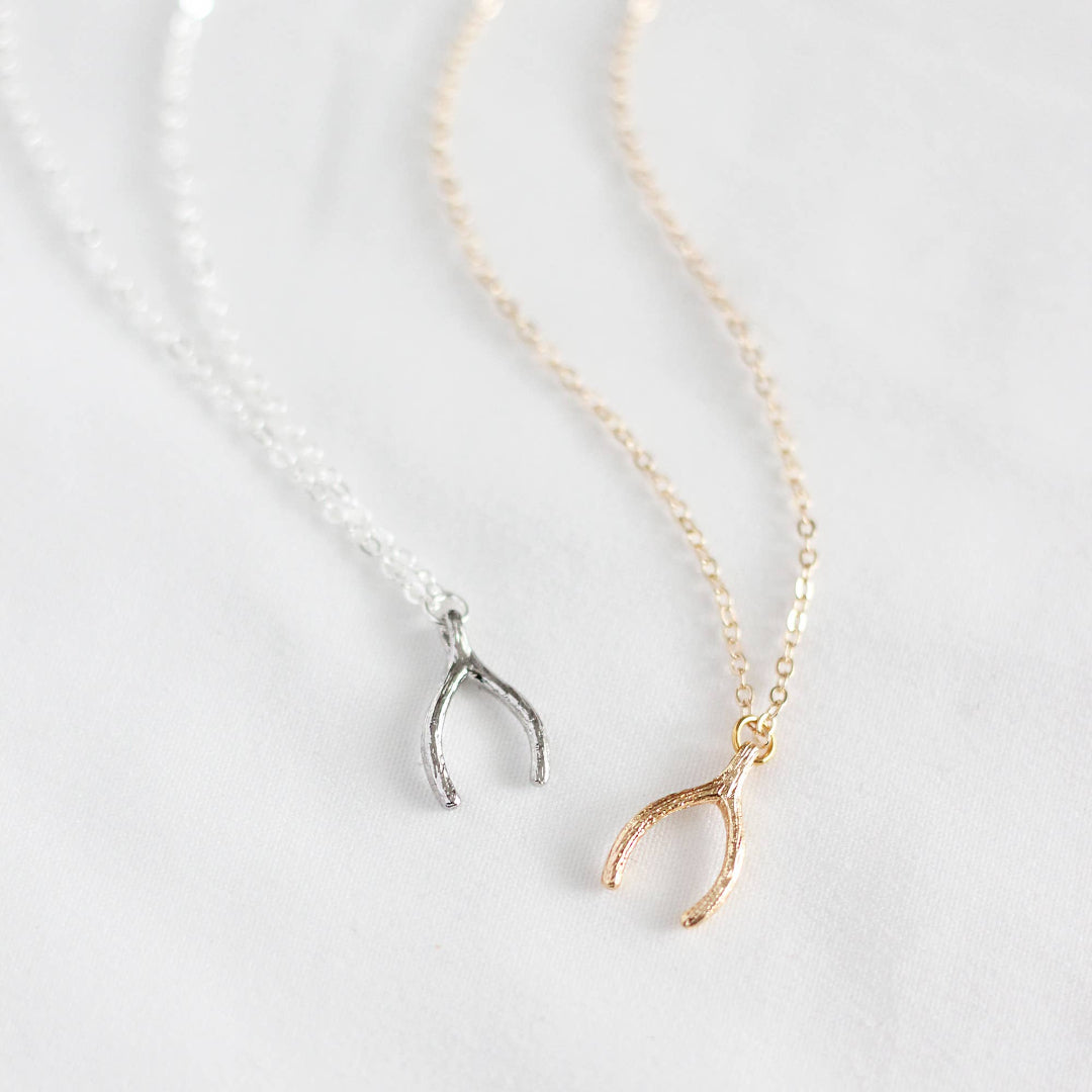 Two wishbone necklaces, one silver and one gold, on a light gray background.