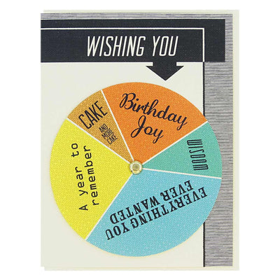 A birthday card with a spinning wheel feature. The card has a black top section with 