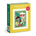 Punch Needle Kit box for woodland mushrooms, featuring a yellow front cover with a colorful mushroom patch illustration, a green spine, and a red circular badge that says 'Easy to craft and hand.'.