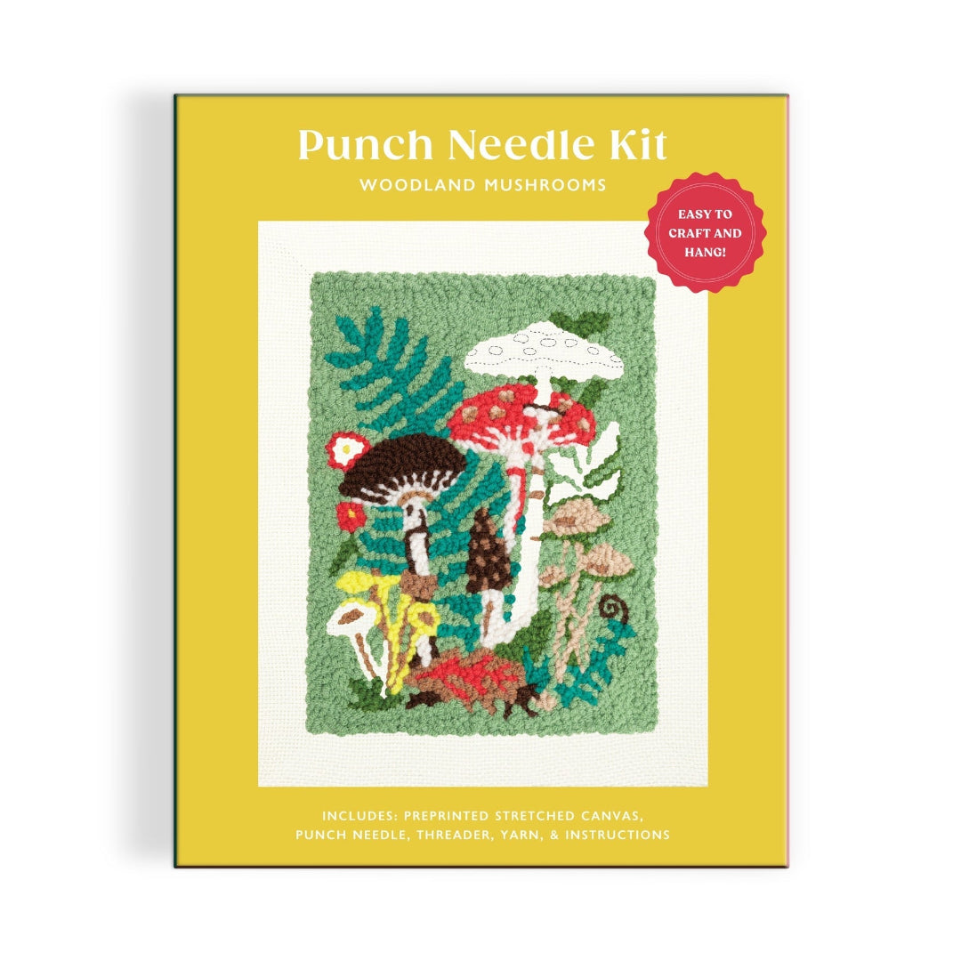 Punch needle kit packaging with mushroom design on a yellow background