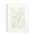 A vertical canvas art print featuring a delicate black line drawing of mushrooms and botanical elements on a textured off-white background, shown against a clean white studio backdrop.