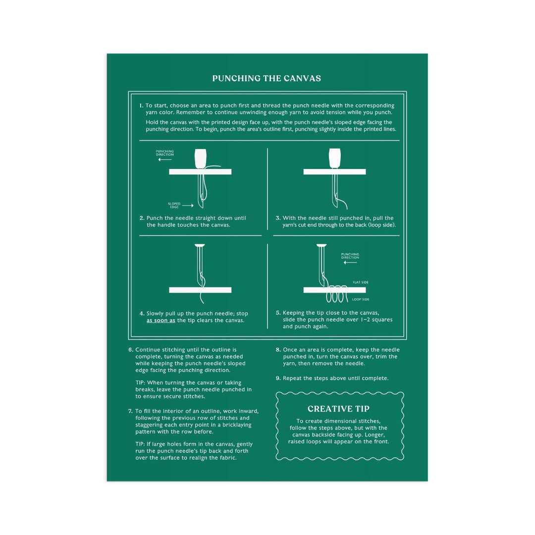 A dark teal instruction sheet titled 'PUNCHING THE CANVAS' with numbered steps, four illustrated diagrams showing needle and canvas placement, and a decorative 'Creative Tip' section, centered on a white background.