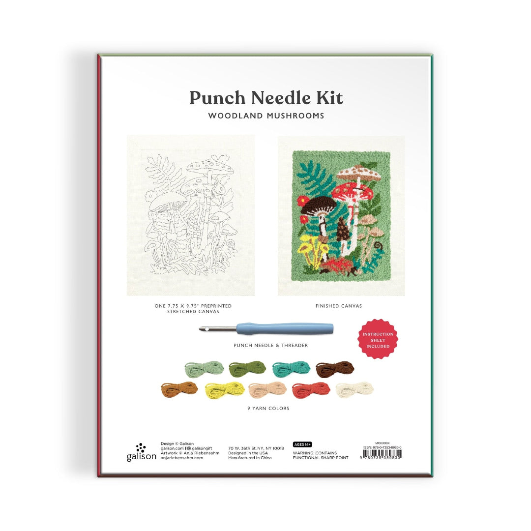 Punch needle kit packaging with illustrations and text on a white background