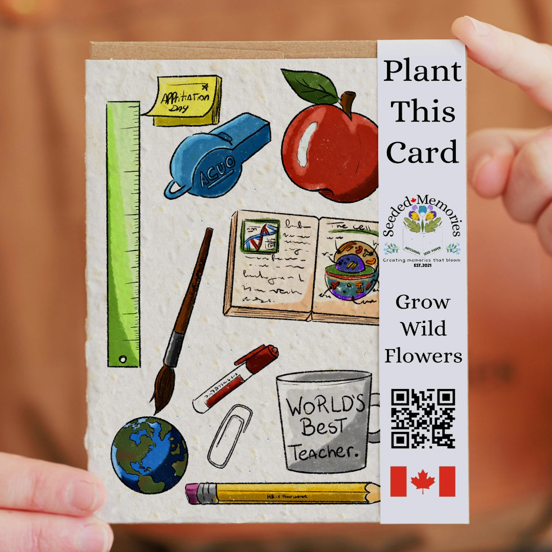 Seeded paper card with teacher-themed illustrations and QR code on a brown background